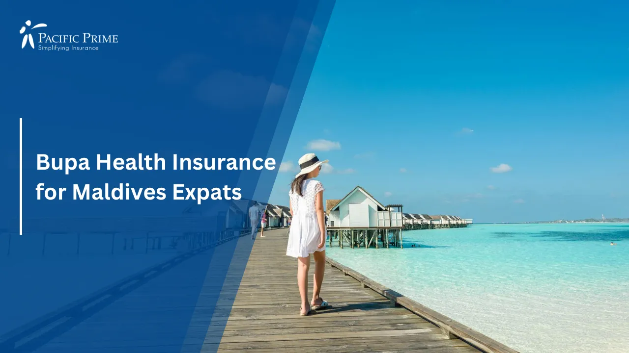 Image of Woman In White Dress Walking On Dock In Maldives with text overlay of "Bupa Health Insurance for Maldives Expats"