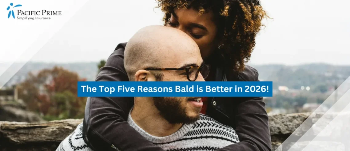 Image of Woman kissing a bald man’s head in a tender affectionate moment with text overlay of "The Top Five Reasons Bald is Better in 2026!"