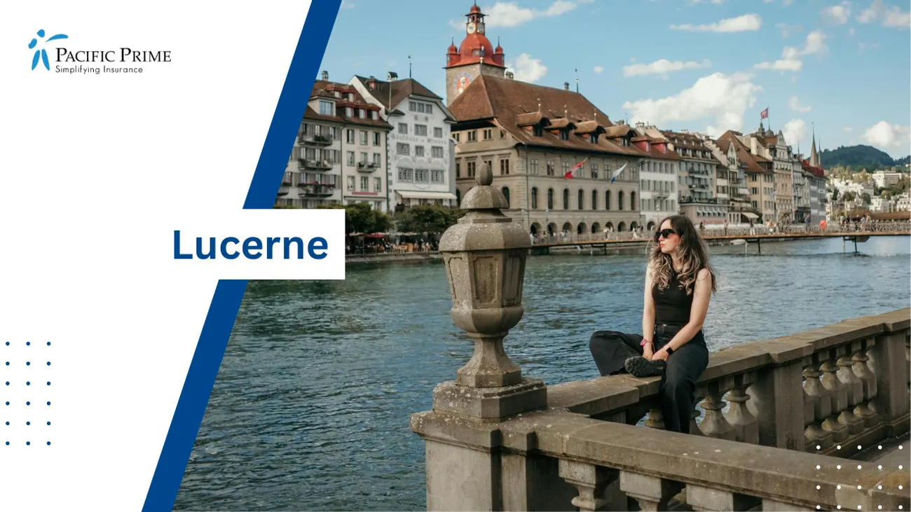 Image of Woman On Railing, Gazing Over Lucerne River And Buildings with text overlay of "Lucerne"