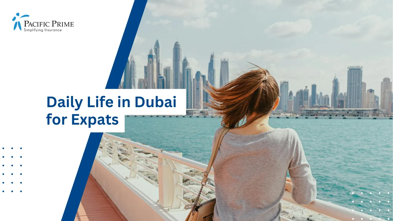Image of Woman Overlooking Dubai Marina Skyline with text overlay of "Daily Life in Dubai for Expats"