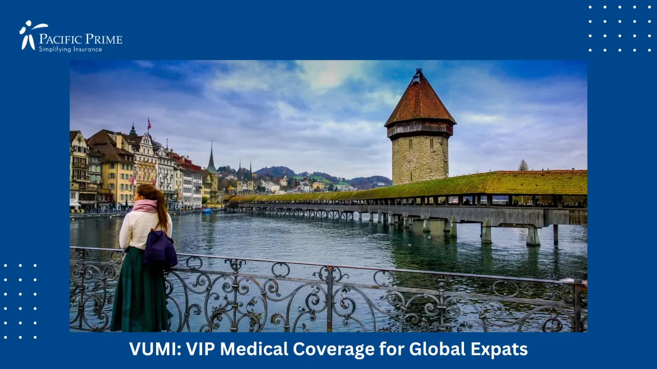 Image of Woman Standing By Rail Near Lake Lucerne In Luzern, Switzerland with text overlay of "VUMI: VIP Medical Coverage for Global Expats"