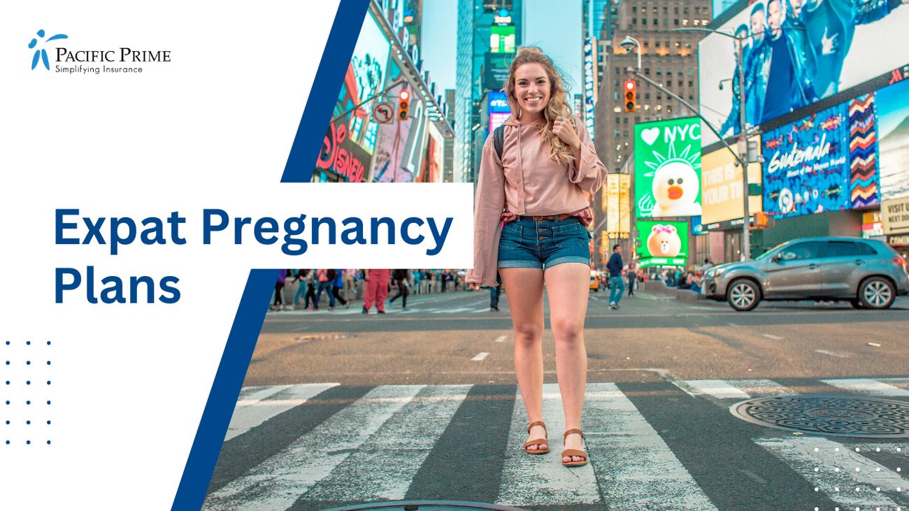 Image of a Pregnant Woman Strolling Through Time Square, NY with text overlay of "Expat Pregnancy Plans"