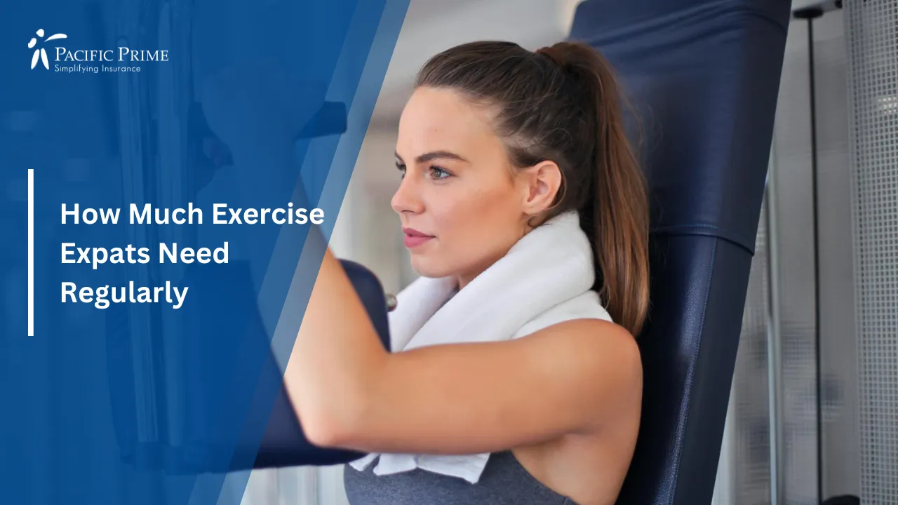 Image of Woman Using Chest Press Machine In Gym With Focused Expression with text overlay of "How Much Exercise Expats Need Regularly"