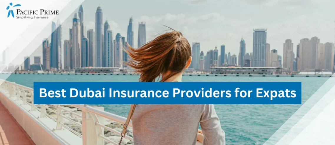 Image of Woman Viewing Scenic Dubai Marina Skyline with text overlay of "Best Dubai Insurance Providers for Expats"