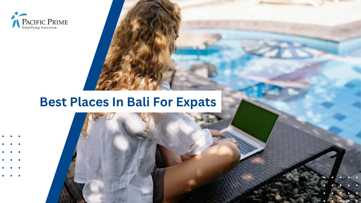 Image of Woman With Curly Hair Using Laptop Poolside In Sunny Outdoor Setting with text overlay of "Best Places In Bali For Expats"