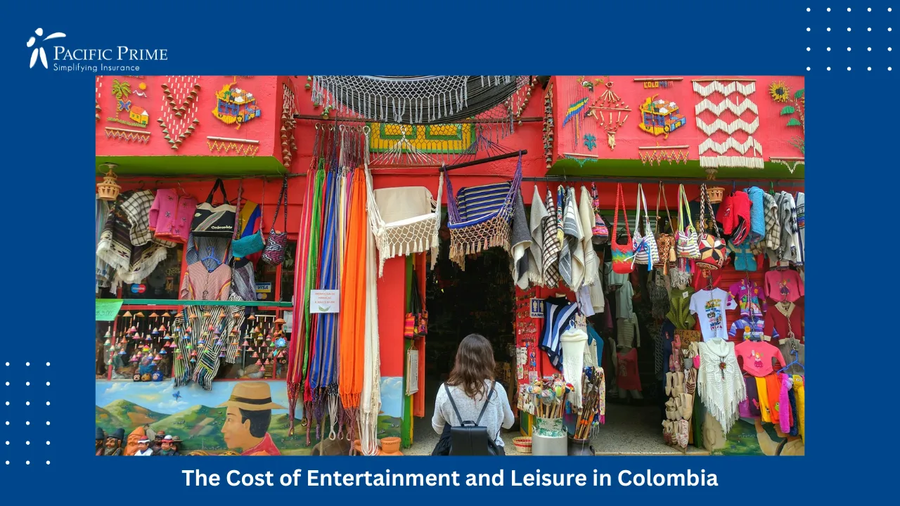 Image of Woman With Fabric Bags Outside A Red House In Ráquira, Colombia with text overlay of "The Cost of Entertainment and Leisure in Colombia"