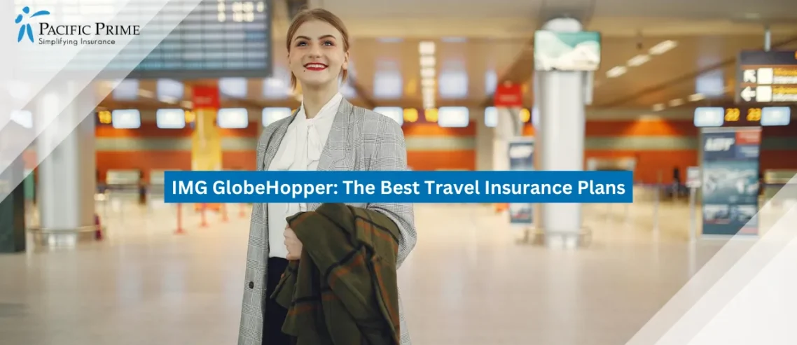 Image of Woman With Luggage Standing In A Modern Airport Terminal with text overlay of "IMG GlobeHopper: The Best Travel Insurance Plans"
