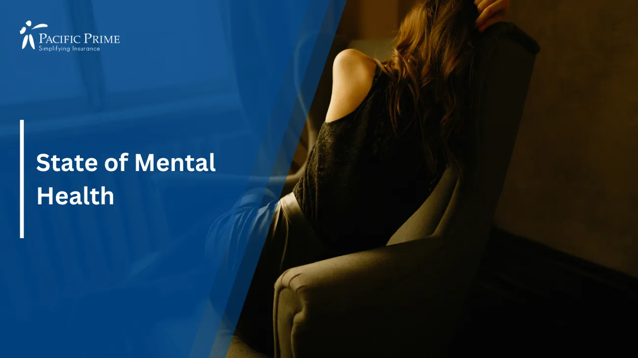 Image of Woman With Mental Health Issue Sitting On A Wing Chair with text overlay of "State of Mental Health"