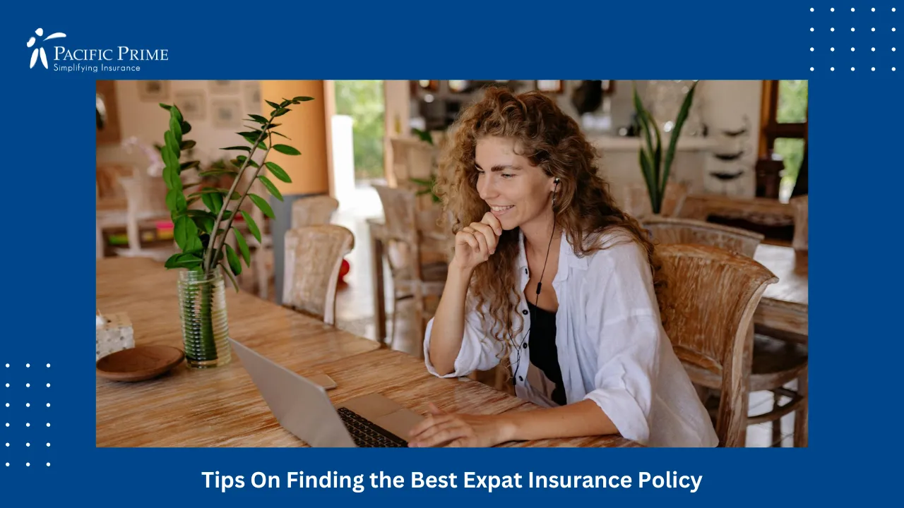 Image of Woman Working Remotely On Laptop In Cozy Modern Home with text overlay of "Tips On Finding the Best Expat Insurance Policy"