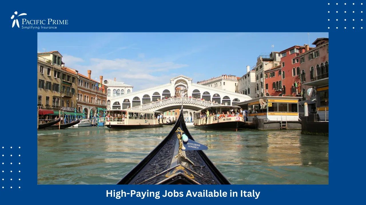 Image of Wooden Gondola On Canal In Venice, Italy with text overlay of "High-Paying Jobs Available in Italy"