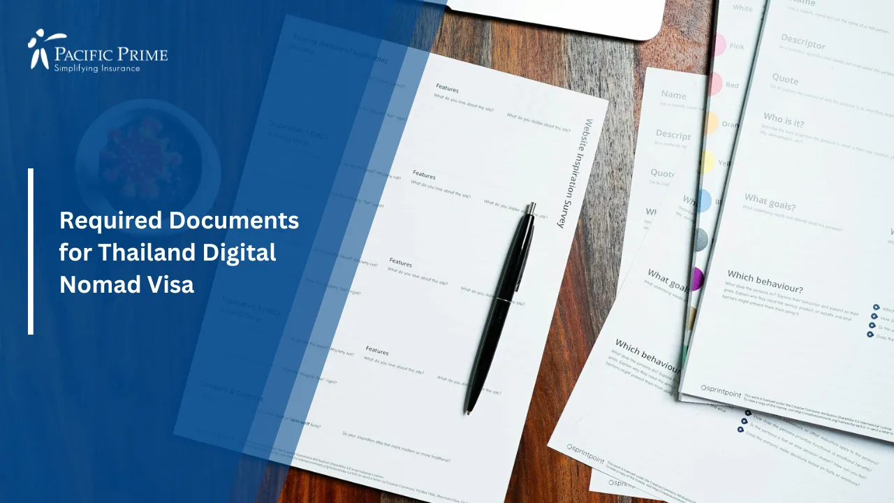 Image of Wooden Table With Scattered Papers And A Pen with text overlay of "Required Documents for Thailand Digital Nomad Visa"