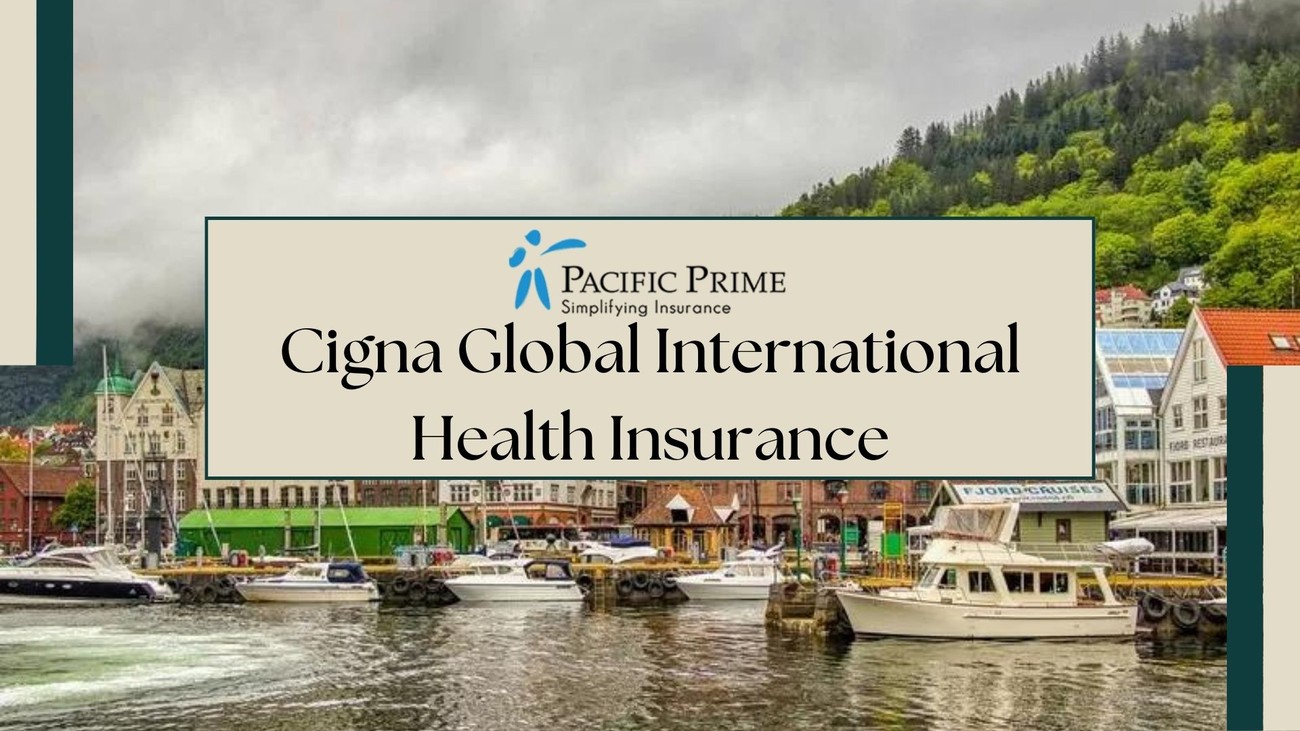 Image of Yachts By Norwegian Homes And Cloudy Mountains Behind with text overlay of "Cigna Global International Health Insurance"