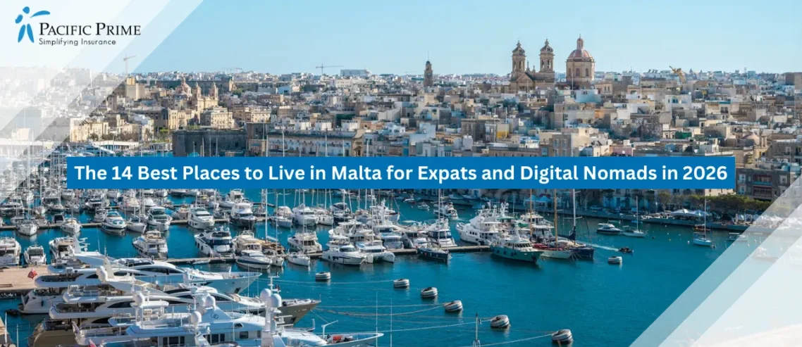 Image of Yachts Moored In Birgu Bay With Historic Waterfront Buildings In Malta with text overlay of "The 14 Best Places to Live in Malta for Expats and Digital Nomads in 2026"