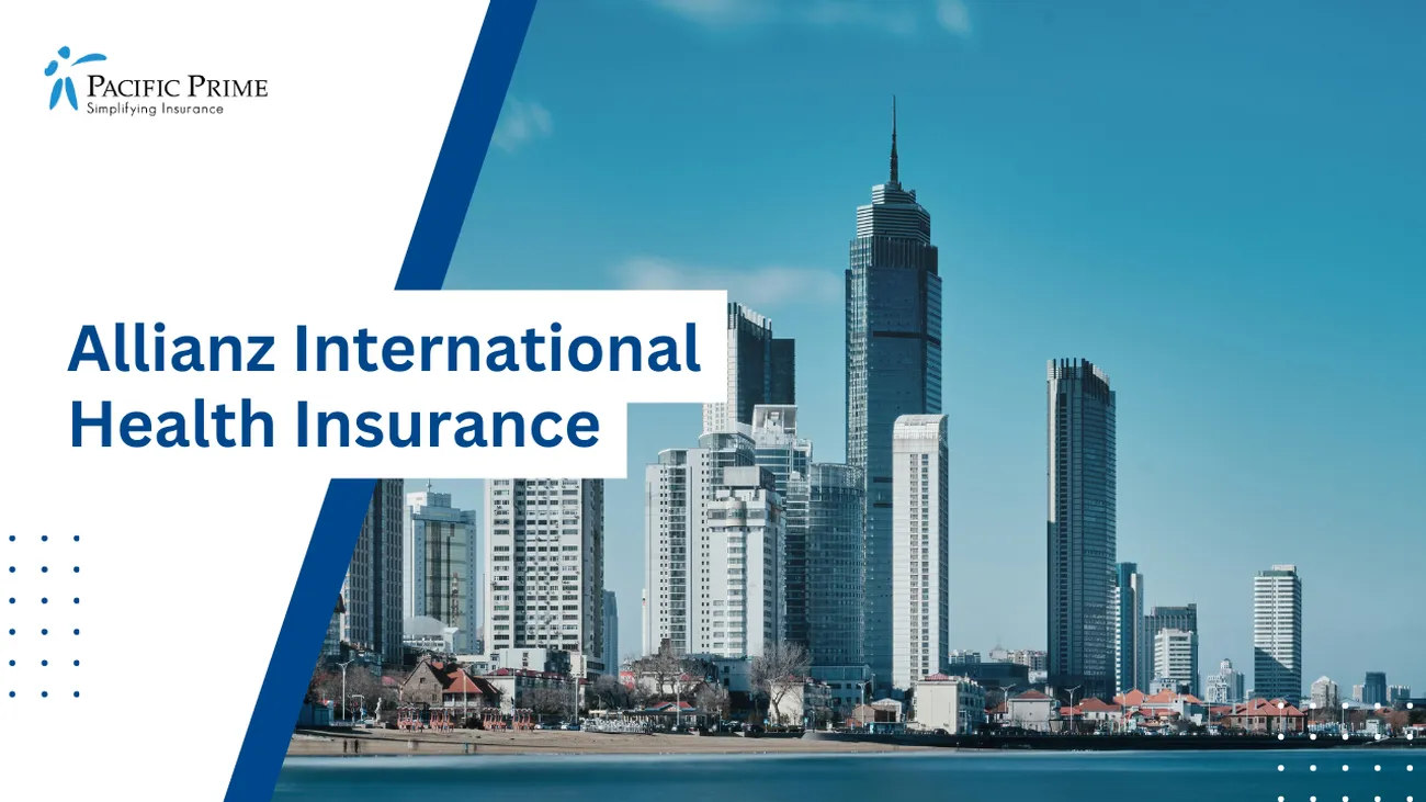 Image of Yantai Cityscape With Tall Buildings And Water, Shandong, China with text overlay of "Allianz International Health Insurance"