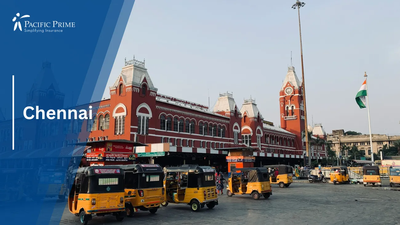 Image of Yellow Autos Parked In Front Of Chennai Central Railway Station with text overlay of "Chennai"