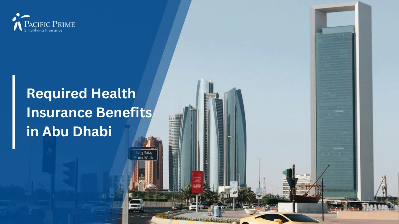 Image of Yellow Car Driving On A City Road With Buildings In Abu Dhabi with text overlay of "Required Health Insurance Benefits in Abu Dhabi"