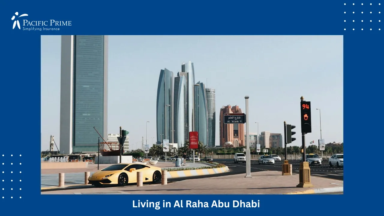 Image of Yellow Car Driving Past A Building In Abu Dhabi During Daytime with text overlay of "Living in Al Raha Abu Dhabi"
