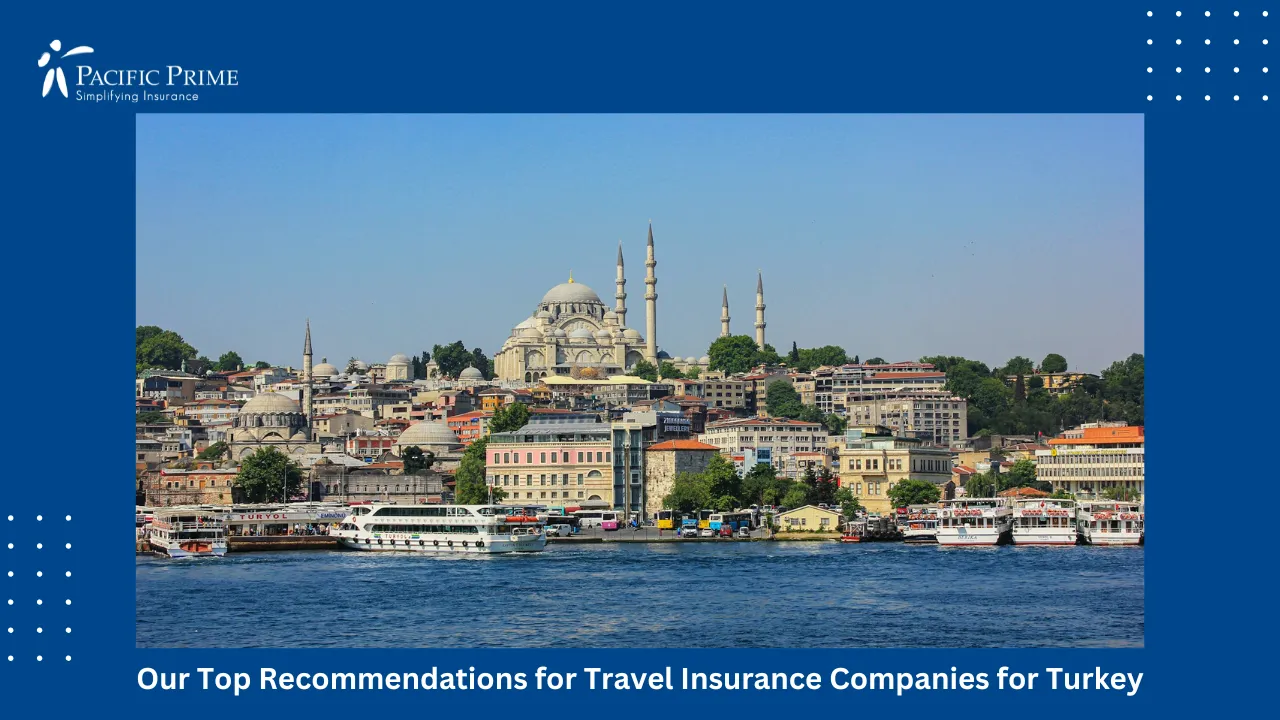 Image of Yeni Camii Mosque And Cityscape Overlooking A Large Body Of Water In Istanbul with text overlay of "Our Top Recommendations for Travel Insurance Companies for Turkey"