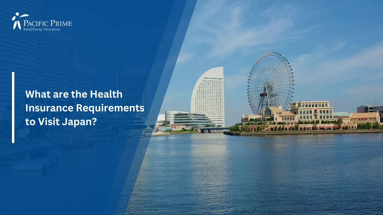 Image of Yokohama City Buildings Under A Clear Blue Sky with text overlay of "What are the Health Insurance Requirements to Visit Japan?"