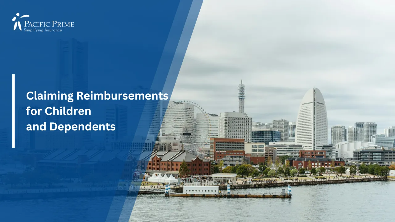 Image of Yokohama Minato Mirai Skyline With Red Brick Warehouse In Winter with text overlay of "Claiming Reimbursements for Children and Dependents"