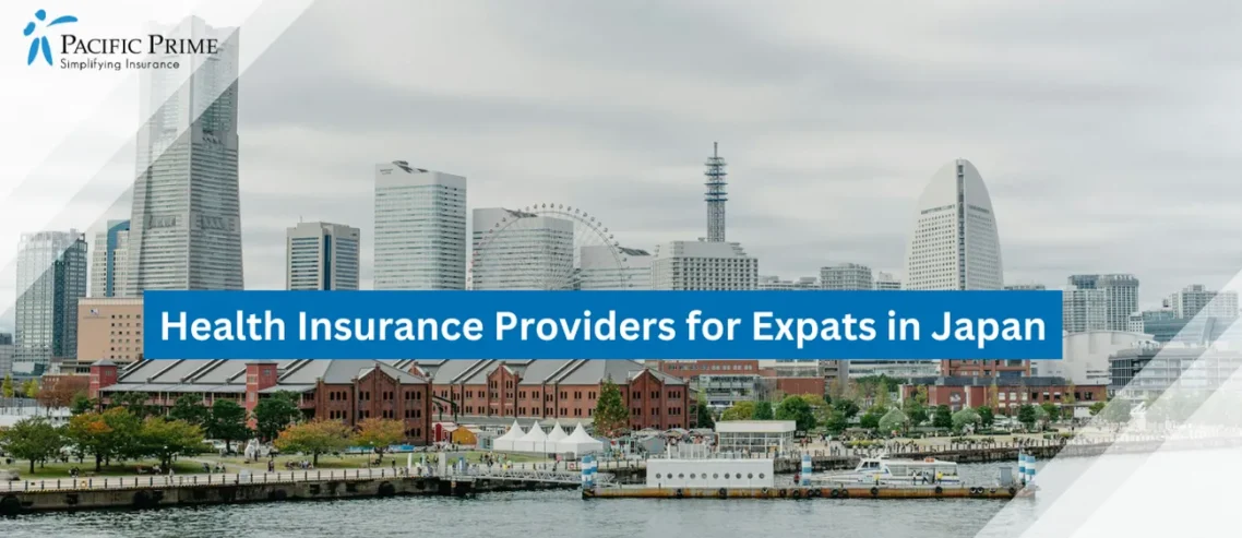 Image of Yokohama Skyline And Christmas Tree At Red Brick Warehouse By The Water with text overlay of "Health Insurance Providers for Expats in Japan"