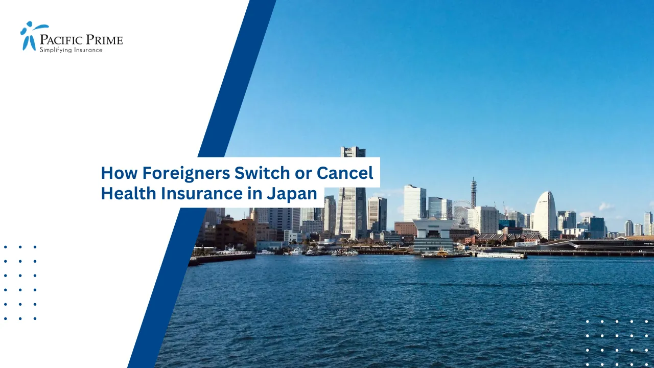 Image of Yokohama Skyline Featuring The Landmark Tower And Waterfront with text overlay of "How Foreigners Switch or Cancel Health Insurance in Japan"