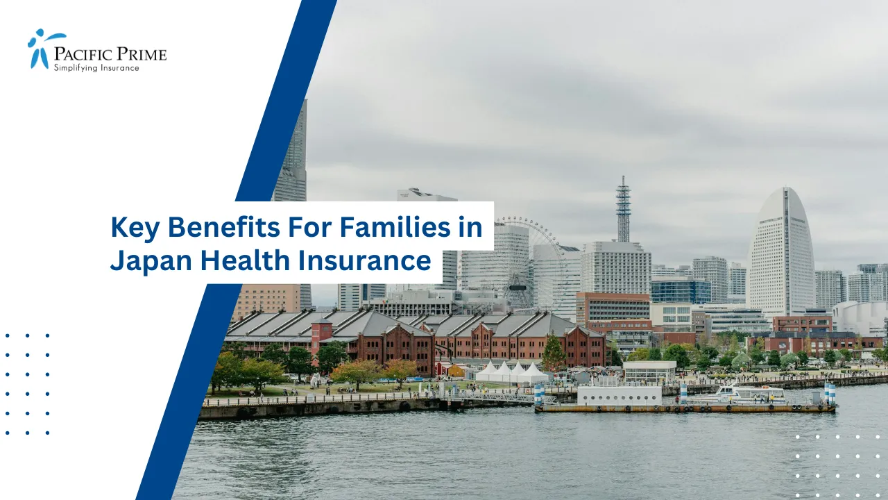 Image of Yokohama Skyline In Winter With Waterfront And Minatomirai District with text overlay of "Key Benefits For Families in Japan Health Insurance"