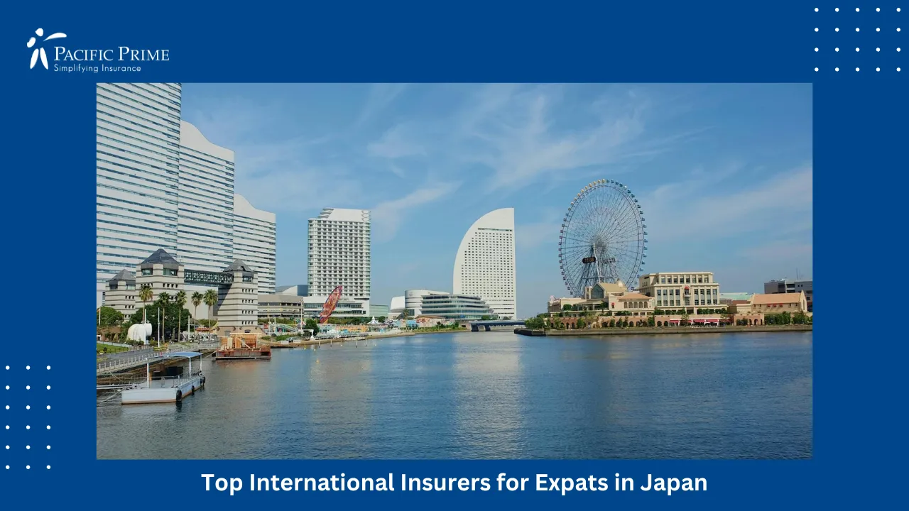 Image of Yokohama Skyline With Cosmo Clock 21 Ferris Wheel Under Blue Sky with text overlay of "Top International Insurers for Expats in Japan"