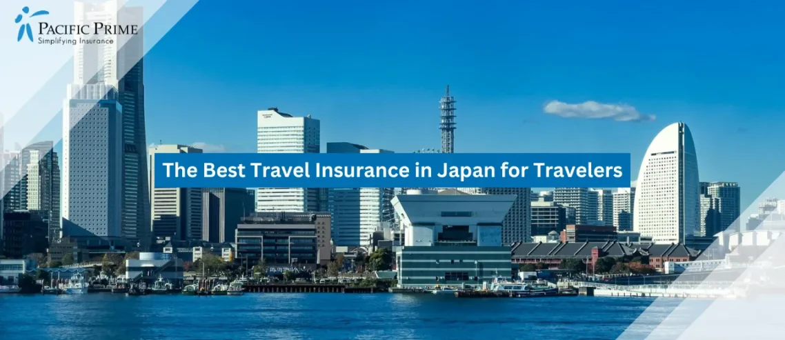 Image of Yokohama Waterfront Skyline With Modern Buildings And Harbor Views In Kanagawa, Japan with text overlay of "The Best Travel Insurance in Japan for Travelers"