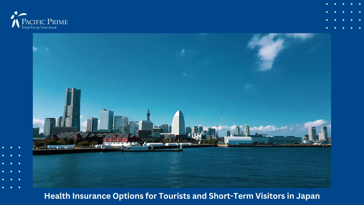 Image of Yokohama Waterfront With City Buildings Overlooking A Wide Stretch Of Water with text overlay of "Health Insurance Options for Tourists and Short-Term Visitors in Japan"