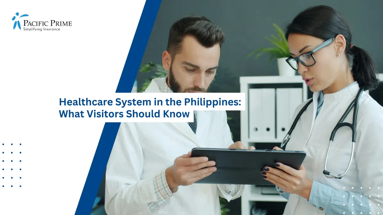 Image of Young Doctors In White Coats Reviewing Data On A Tablet In A Clinical Workspace with text overlay of "Healthcare System in the Philippines: What Visitors Should Know"