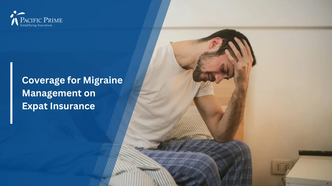 Image of Young Man In Sleepwear With Morning Headache with text overlay of "Coverage for Migraine Management on Expat Insurance"