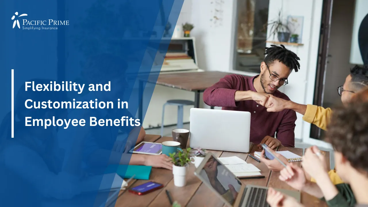 Image of Young Professionals Brainstorming Together In A Modern Office Setting with text overlay of "Flexibility and Customization in Employee Benefits"